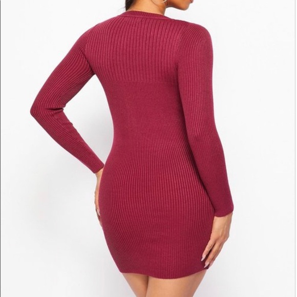 NEW TRENDY BLACK RIBBED LONG SLEEVE KNIT FRONT LACE UP WAIST BELT MINI DRESS - Picture 2 of 5